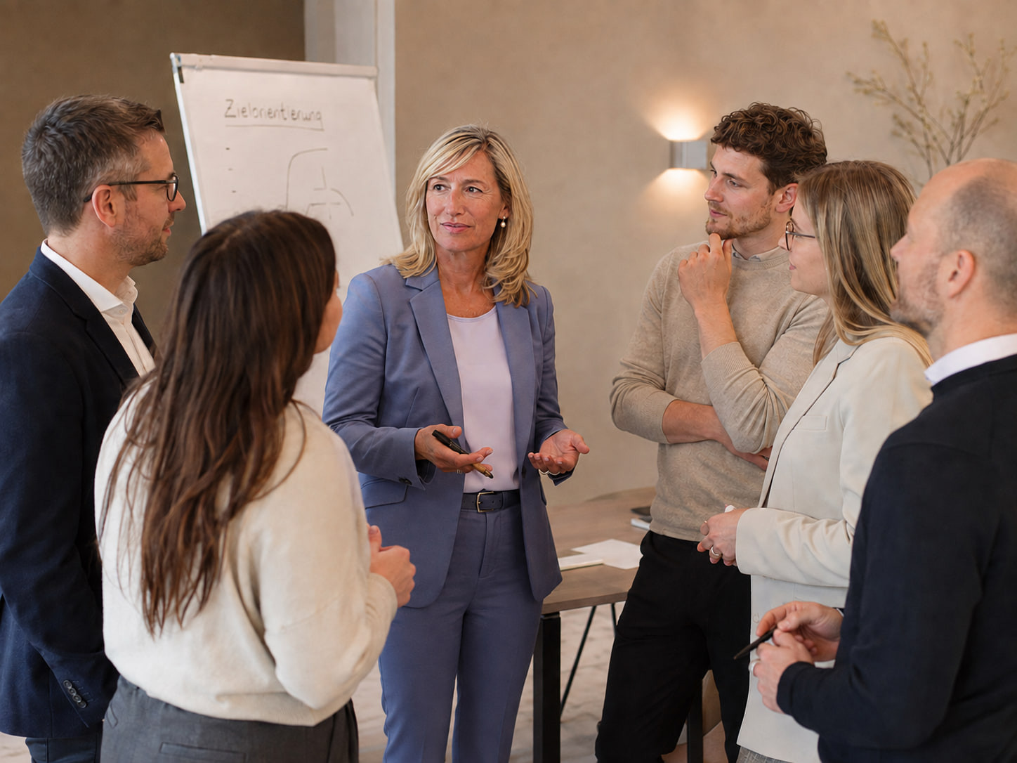 Heike Würzner im Gespräch mit einer Gruppe vor einem Flipchart in einem Seminarraum.