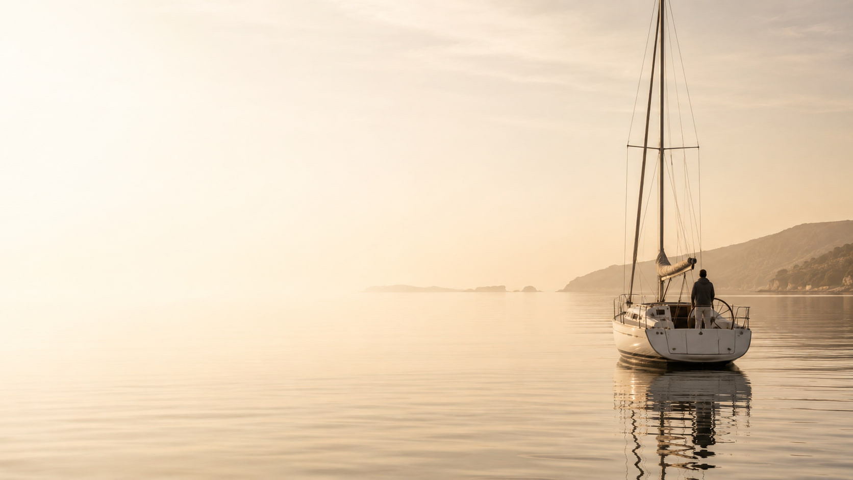 Ein Segelboot liegt bei ruhiger See im Morgenlicht, an Bord steht eine Person am Steuerrad.