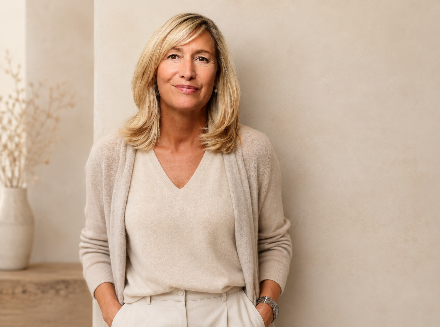 Heike Würzner steht vor einer hellen Wand, die Hände in den Hosentaschen, und blickt in die Kamera.